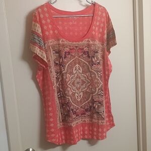 Lucky Brand Coral Boho Medallion Printed Scoop Neck Tee